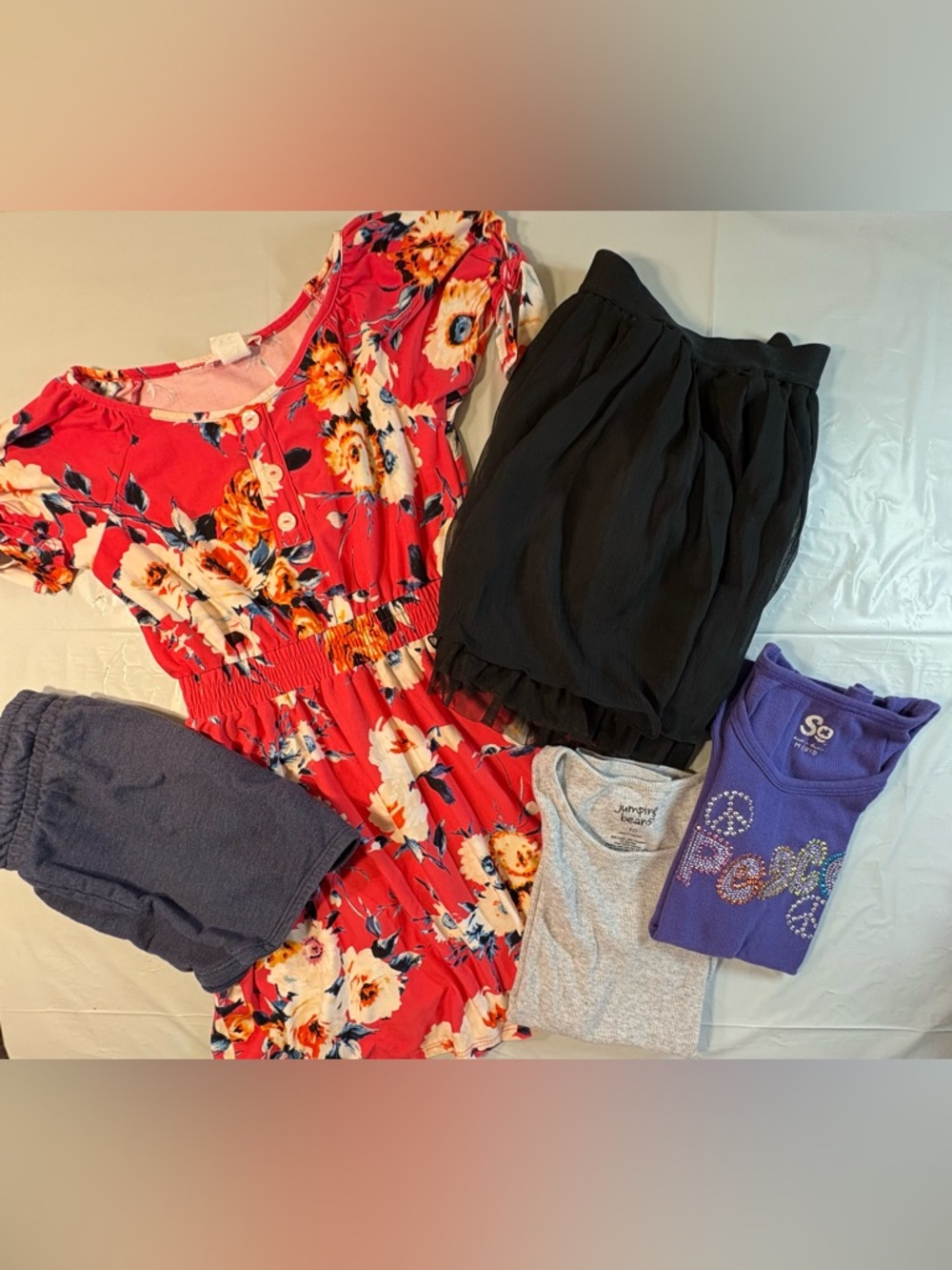 Bundle: Floral Red Dress, Black Skirt, Purple Peace Tank, Gray Tank, Blue Shorts